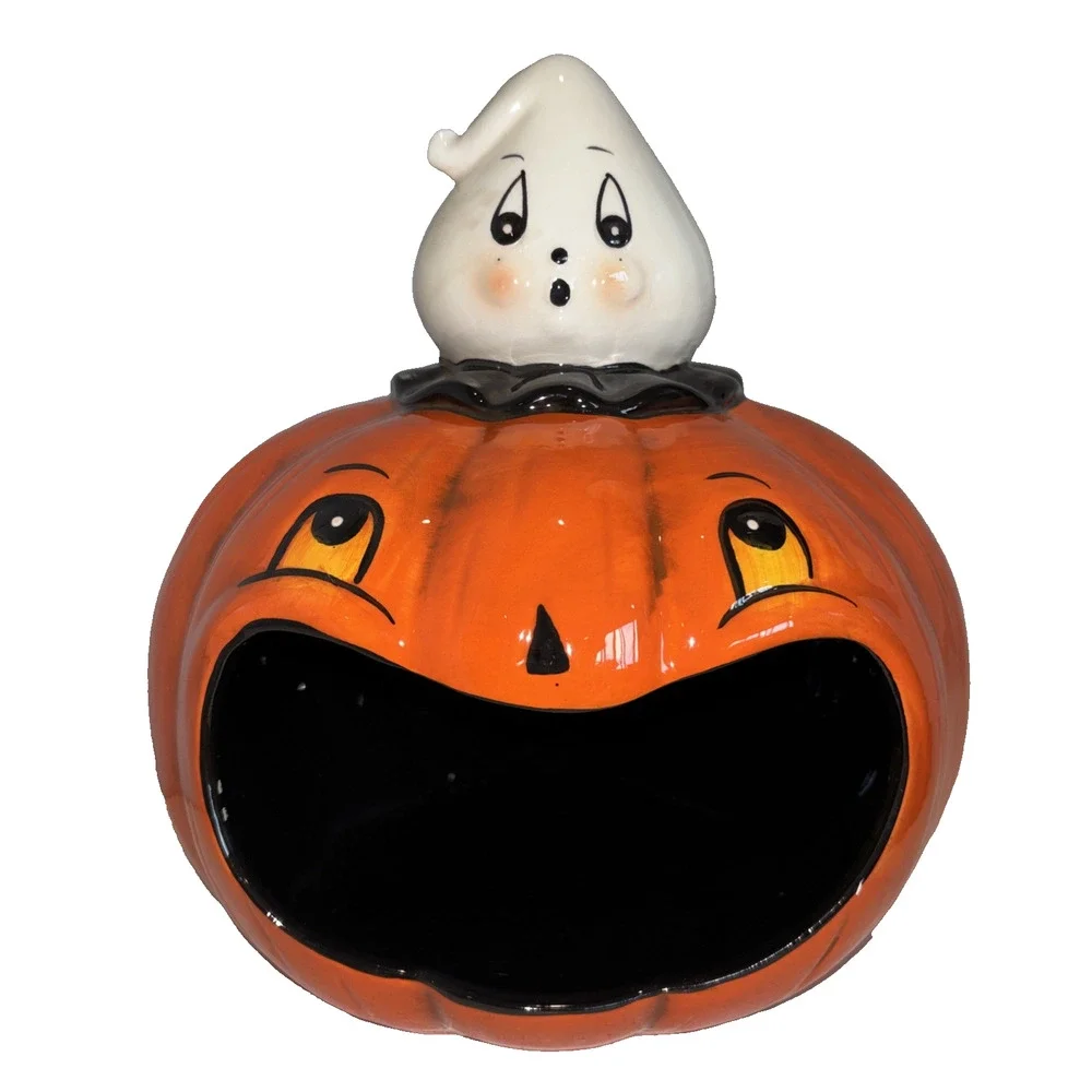 Johanna Parker Gus the Ghost on top of Pumpkin Big Mouth Candy Bowl Halloween